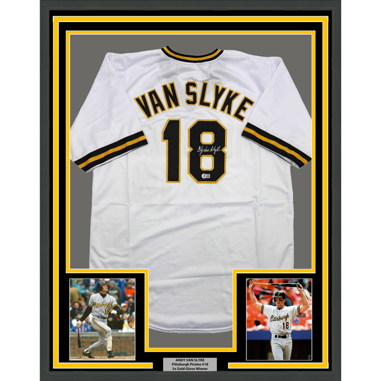Framed Autographed/Signed Andy Van Slyke 35x39 Pittsburgh White Baseball Jersey Beckett BAS COA