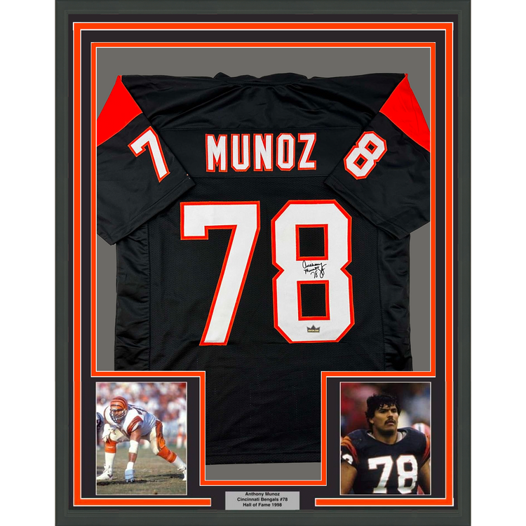 Framed Facsimile Autographed Anthony Munoz 35x39 Cincinnati Black Reprint Laser Auto Football Jersey