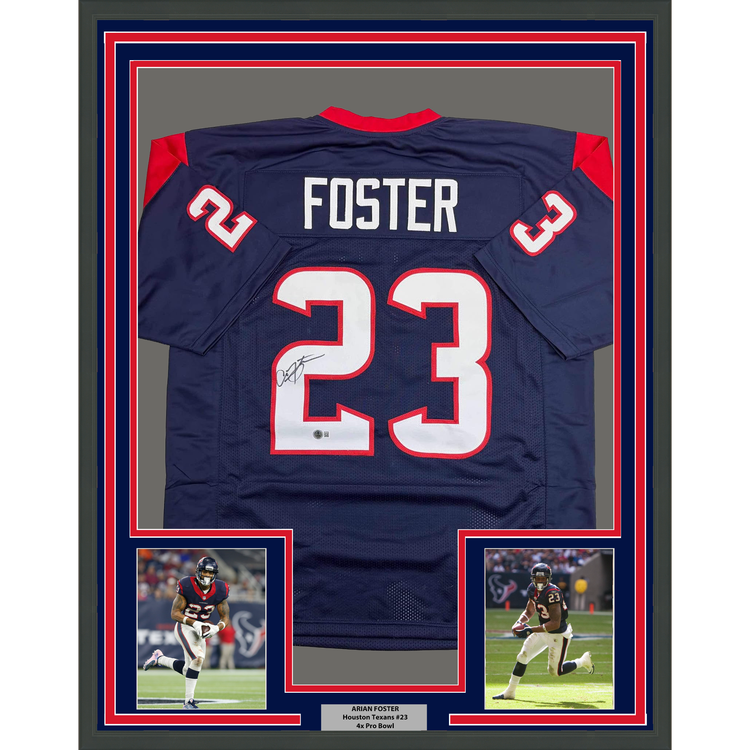 Framed Autographed/Signed Arian Foster 35x39 Houston Blue Football Jersey Beckett BAS COA