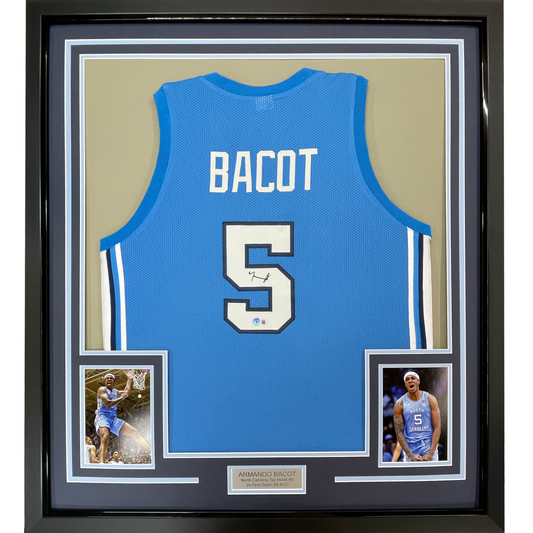 Framed Autographed/Signed Armando Bacot 35x39 UNC North Carolina Blue College Basketball Jersey Beckett BAS COA