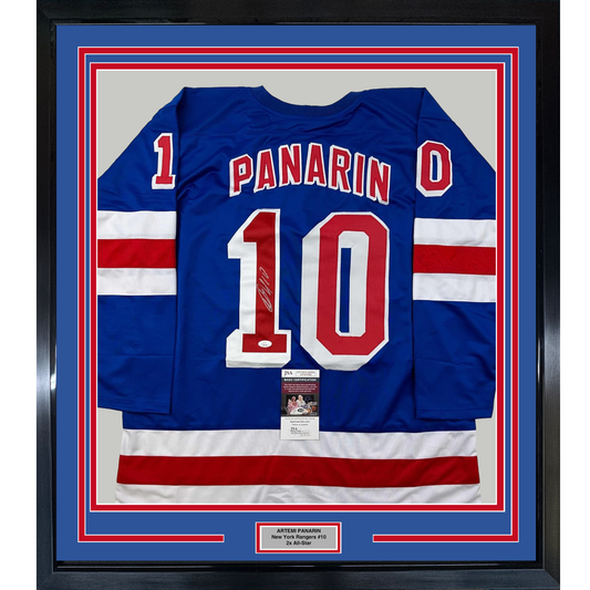 Framed Autographed/Signed Artemi Panarin 35x39 New York Blue Hockey Jersey JSA COA
