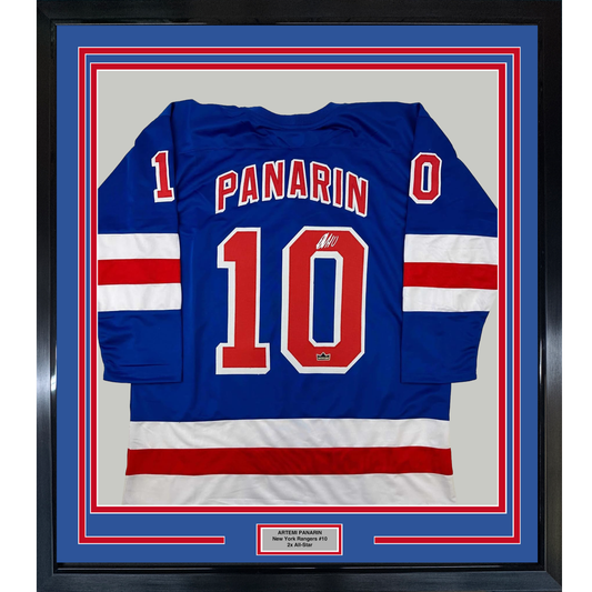 Framed Facsimile Autographed Artemi Panarin 35x39 New York Blue Reprint Laser Auto Hockey Jersey