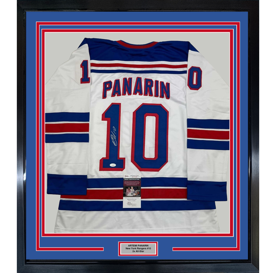 Framed Autographed/Signed Artemi Panarin 35x39 New York White Hockey Jersey JSA COA