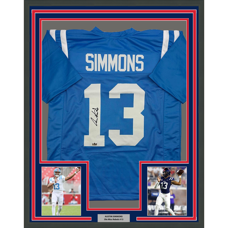 Framed Facsimile Autographed Austin Simmons 35x39 Ole Miss Blue Reprint Laser Auto College Football Jersey