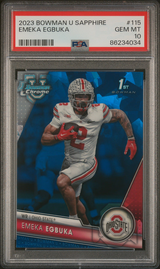 Graded 2023 Topps Bowman U Sapphire Emeka Egbuka #115 Rookie RC Football Card PSA 10 Gem Mint