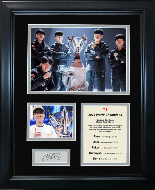 Framed T1 League of Legends 2023 World Champions - Faker Facsimile Laser Engraved Signature Auto 11"x14" Photo Sig Collage
