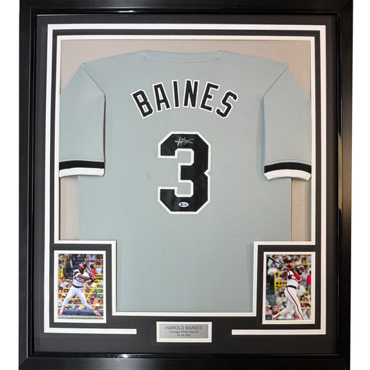 Framed Autographed/Signed Harold Baines 35x39 Chicago Grey Baseball Jersey Beckett BAS COA