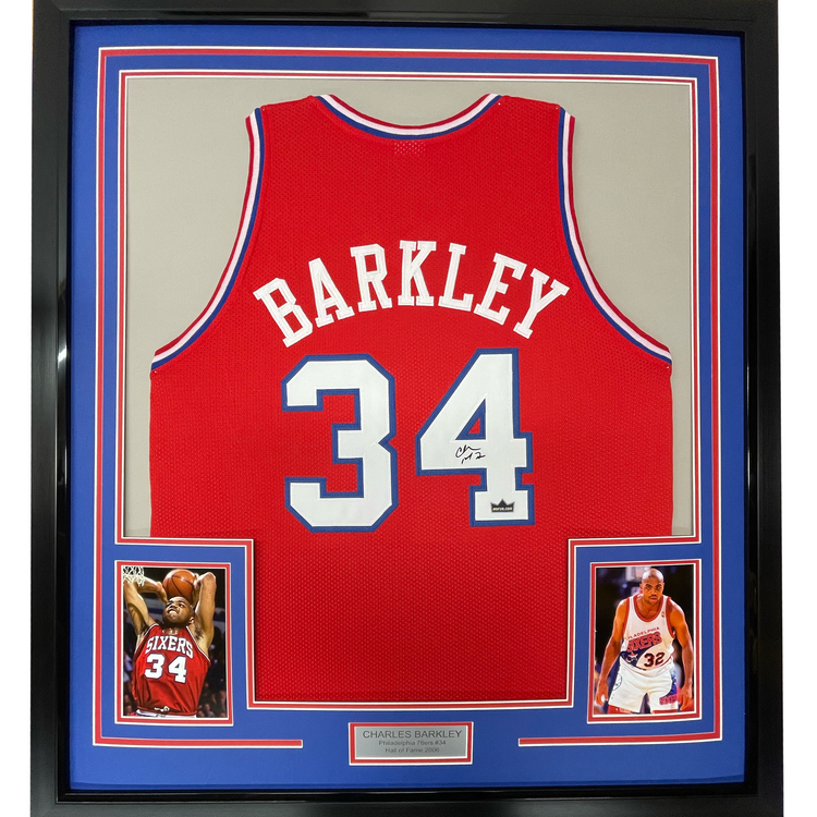 Framed Facsimile Autographed Charles Barkley 35x39 Philadelphia Red Reprint Laser Auto Basketball Jersey