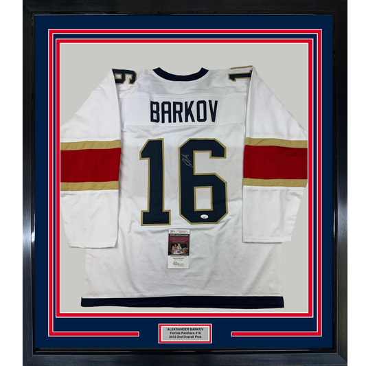 Framed Autographed/Signed Aleksander Barkov 35x39 Florida White Hockey Jersey JSA COA