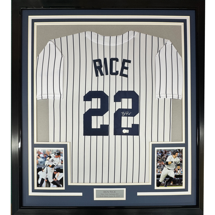 Framed Autographed/Signed Ben Rice 35x39 New York Pinstripe Baseball Jersey JSA COA