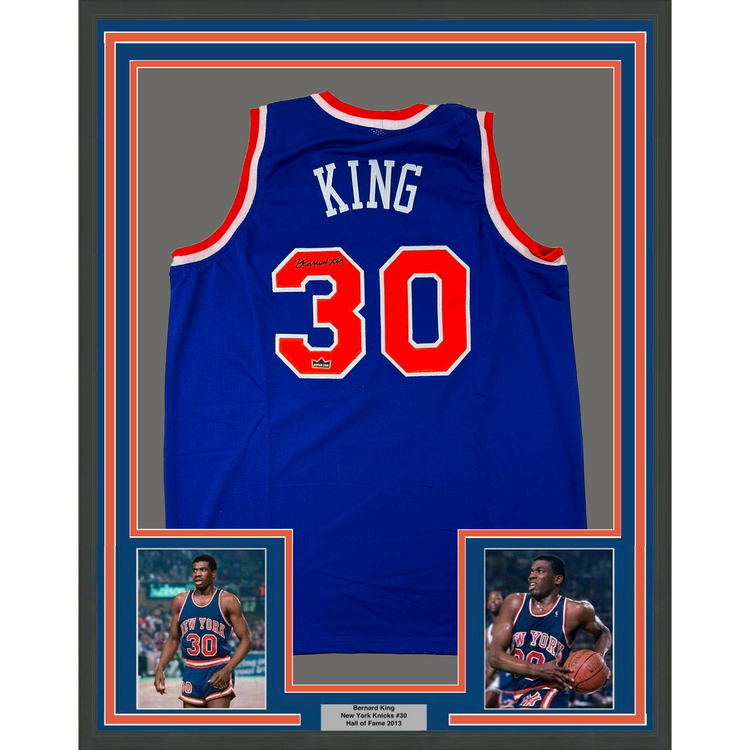 Framed Facsimile Autographed Bernard King 35x39 New York Blue Reprint Laser Auto Basketball Jersey