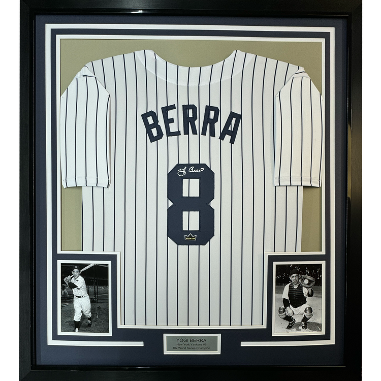 Framed Facsimile Autographed Yogi Berra 35x39 New York Pinstripe Reprint Laser Auto Baseball Jersey