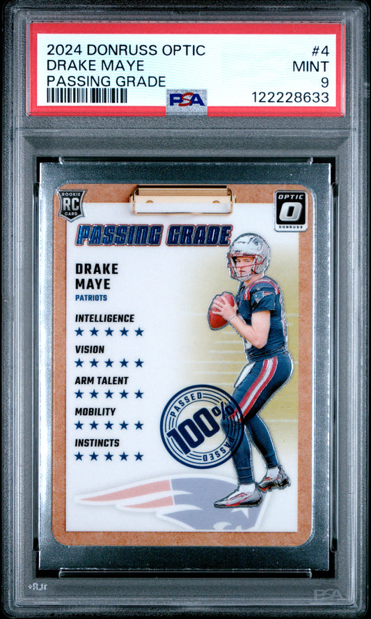 Graded 2024 Panini Donruss Optic Drake Maye #4 Passing Grade Rookie RC Football Card PSA 9 Mint
