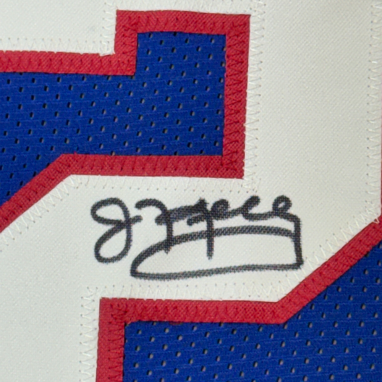 Framed Autographed/Signed Jim Kelly Thurman Thomas Andre Reed Buffalo 35x39 Dynasty Blue Football Jersey JSA COA