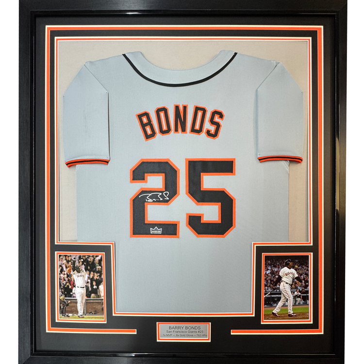 Framed Facsimile Autographed Barry Bonds 35x39 San Francisco Grey Reprint Laser Auto Baseball Jersey