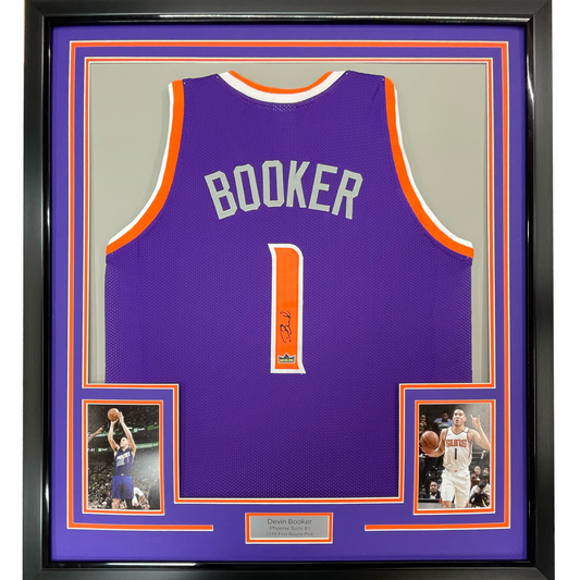 Framed Facsimile Autographed Devin Booker 35x39 Phoenix Purple Reprint Laser Auto Basketball Jersey