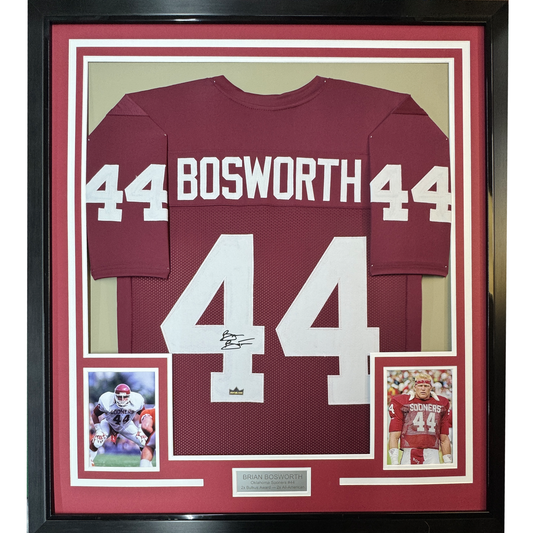 Framed Facsimile Autographed Brian Bosworth 35x39 Oklahoma Red Reprint Laser Auto College Football Jersey