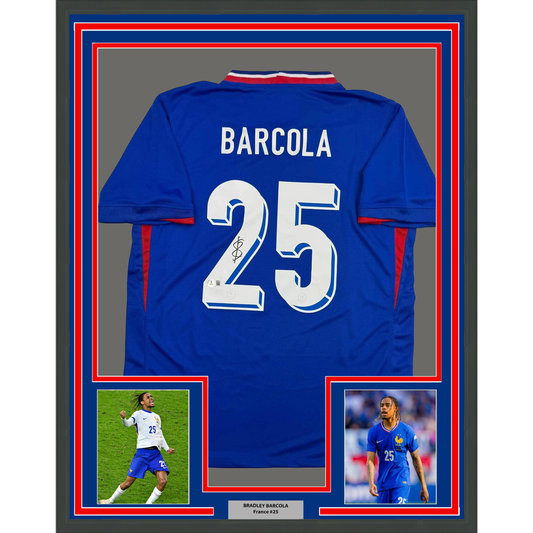 Framed Autographed/Signed Bradley Barcola 35x39 France French National Team Blue Soccer Jersey Beckett BAS COA