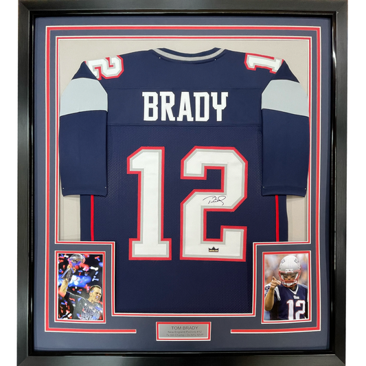 Framed Facsimile Autographed Tom Brady 35x39 New England Blue Reprint Laser Auto Football Jersey