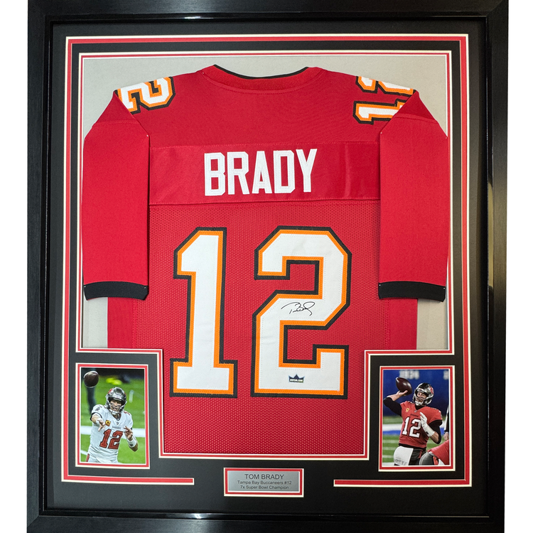 Framed Facsimile Autographed Tom Brady 35x39 Tampa Bay Red Reprint Laser Auto Football Jersey Size Men's XL