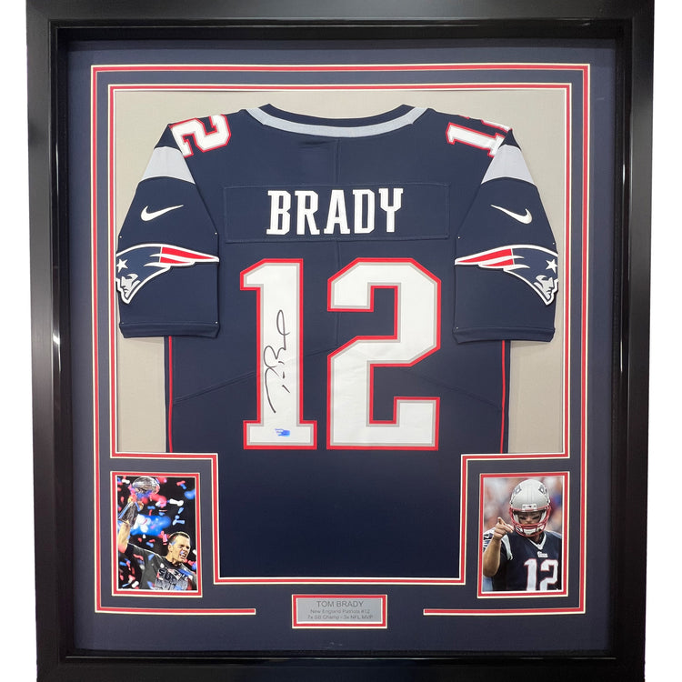 Framed Autographed/Signed Tom Brady 35x39 New England Patriots Blue Authentic Nike Limited Football Jersey Fanatics COA/LOA