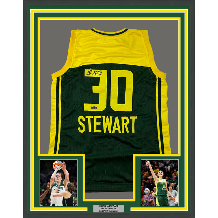 Framed Facsimile Autographed Breanna Stewart 35x39 Seattle Green Reprint Laser Auto Basketball Jersey