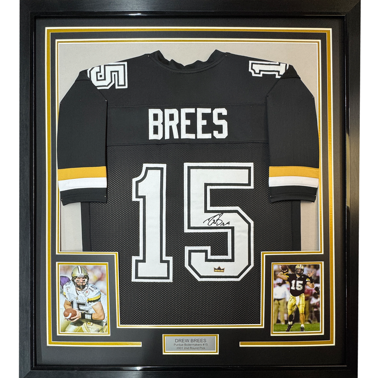 Framed Facsimile Autographed Drew Brees 35x39 Purdue Black Reprint Laser Auto College Football Jersey Size Men's XL