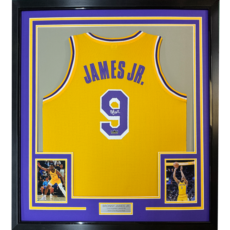 Framed Facsimile Autographed Bronny James Jr. 35x39 Los Angeles LA Yellow Reprint Laser Auto Basketball Jersey