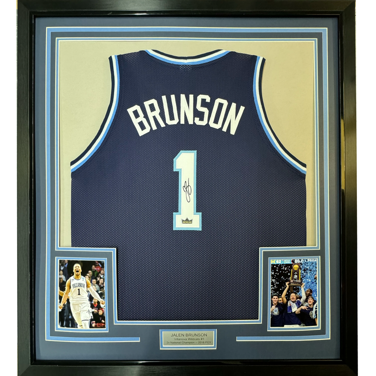 Framed Facsimile Autographed Jalen Brunson 35x39 Villanova Blue Reprint Laser Auto College Basketball Jersey