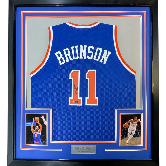 Framed Facsimile Autographed Jalen Brunson 35x39 New York Blue Reprint Laser Auto Basketball Jersey