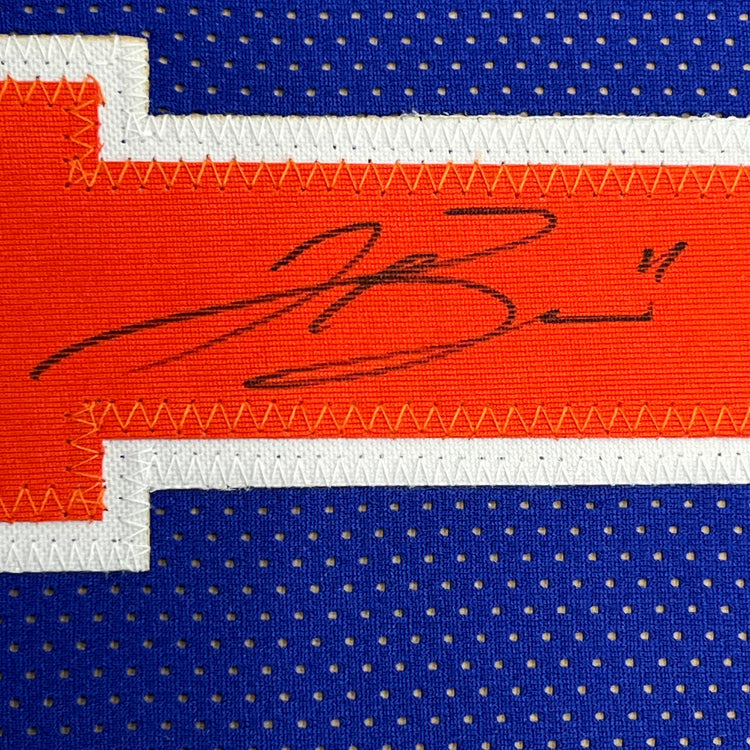 Framed Autographed/Signed Jalen Brunson 35x39 New York Blue Basketball Jersey Beckett BAS COA