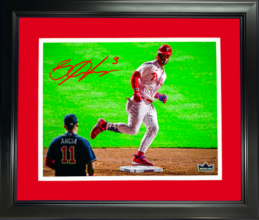 Framed Bryce Harper 2023 NLDS Home Run Orlando Arcia  Stare Down  Philadelphia Phillies Facsimile Laser Engraved Signature Auto 11"x14" Baseball Photo HOFSM Holo