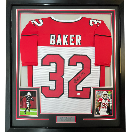 Framed Autographed/Signed Budda Baker 35x39 Arizona White Football Jersey Beckett BAS COA