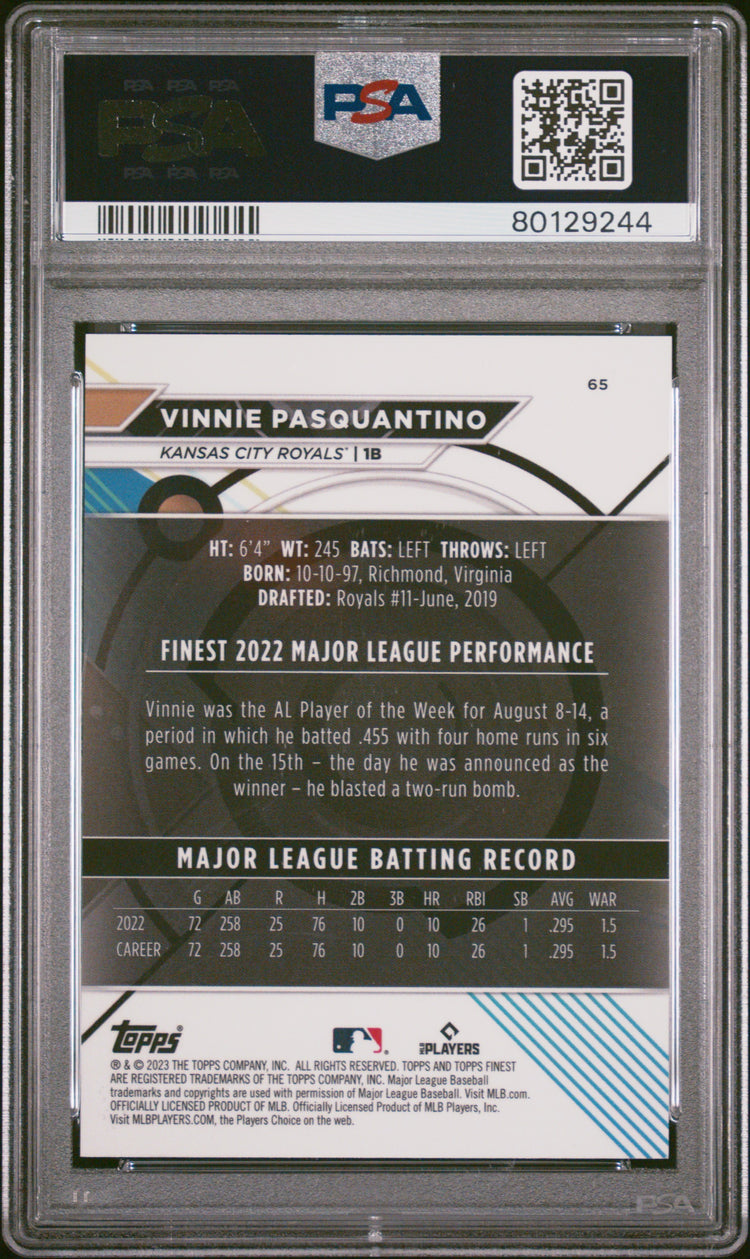 Graded 2023 Topps Finest Vinnie Pasquantino #65 Sky Blue #/300 Rookie RC Baseball Card PSA 10 Gem Mint
