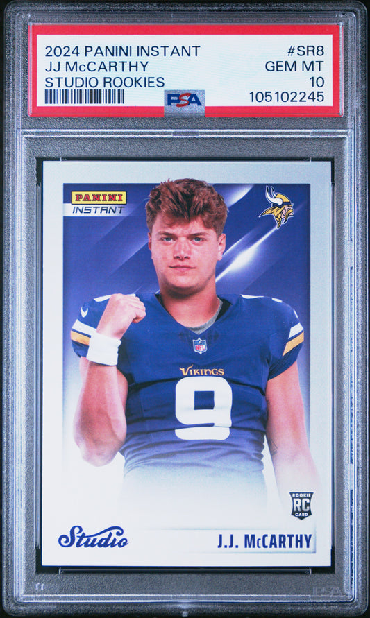 Graded 2024 Panini Instant JJ McCarthy #SR8 Studio Rookies /1672 Rookie RC Football Card PSA 10 Gem Mint
