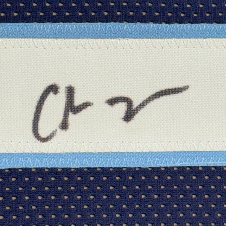 Framed Autographed/Signed Chris Johnson 35x39 Tennessee Dark Blue Football Jersey JSA COA