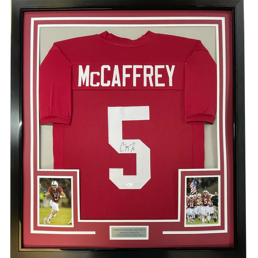 Framed Autographed/Signed Christian McCaffrey 35x39 Stanford Red College Football Jersey JSA COA