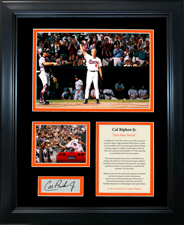 Framed Cal Ripken Jr.  Iron Man Streak  2,632 Consecutive Games Facsimile Laser Engraved Signature Auto Baltimore Orioles 11"x14" Baseball Photo Sig Collage