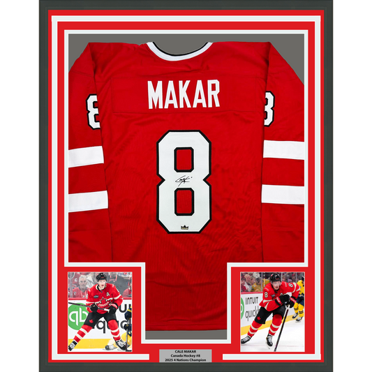 Framed Facsimile Autographed Cale Makar 35x39 Canada Red 2025 4 Nations Face-Off Reprint Laser Auto Hockey Jersey
