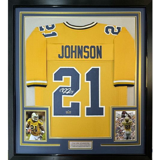 Framed Facsimile Autographed Calvin Johnson 35x39 Georgia Tech Gold Reprint Laser Auto College Football Jersey
