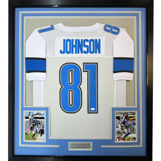Framed Autographed/Signed Calvin Johnson 35x39 HOF 21 Detroit White Football Jersey JSA COA
