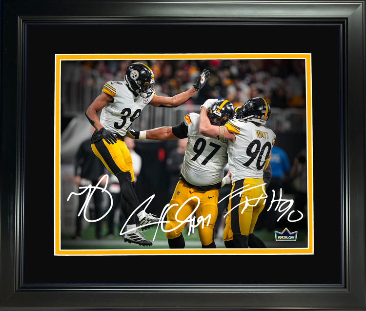 Framed Cameron Heyward, Minkah Fitzpatrick & T.J. Watt Facsimile Laser Engraved Signature Auto Pittsburgh Steelers 11"x14" Football Photo HOFSM Holo