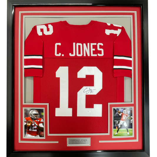 Framed Autographed/Signed Cardale Jones 35x39 Ohio State Red College Football Jersey JSA COA