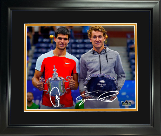 Framed Carlos Alcaraz & Casper Ruud Dual Facsimile Laser Engraved Signature Auto 11"x14" Tennis Photo HOFSM Holo