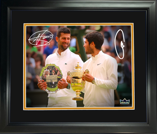 Framed Carlos Alcaraz & Novak Djokovic Dual Facsimile Laser Engraved Signature Auto 11"x14" Tennis Photo HOFSM Holo