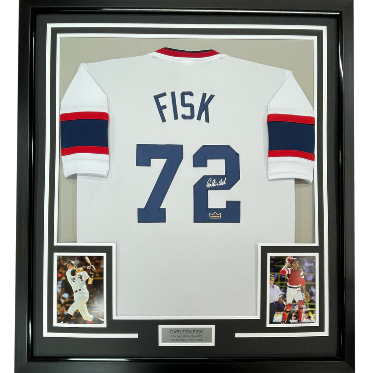 Framed Facsimile Autographed Carlton Fisk 35x39 Chicago White Retro Reprint Laser Auto Baseball Jersey