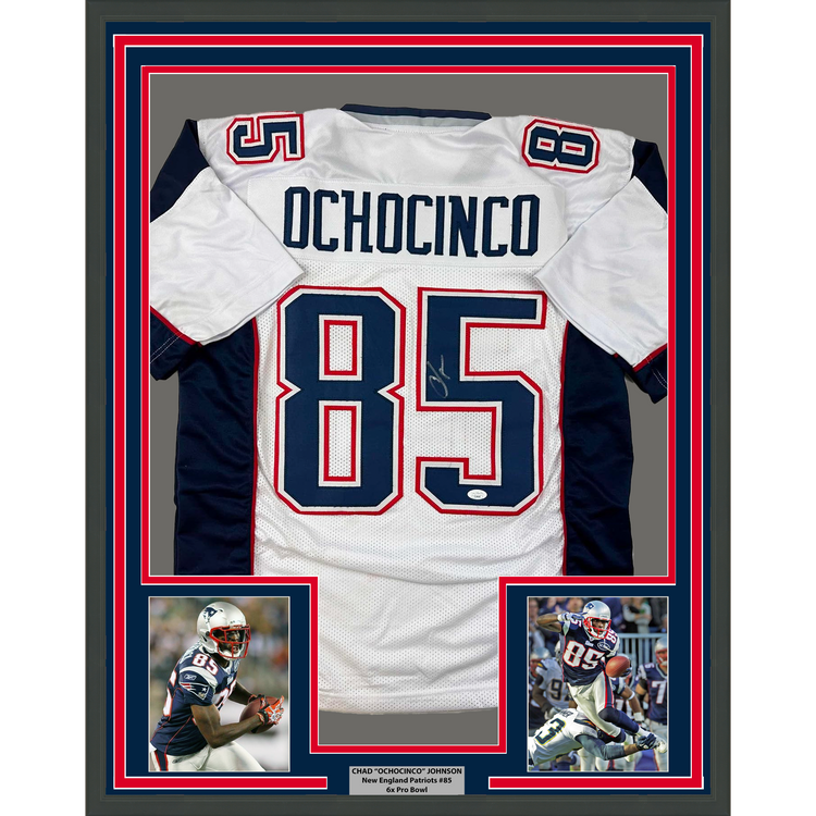 Framed Autographed/Signed Chad Ochocinco (Johnson) 35x39 New England White Football Jersey JSA COA