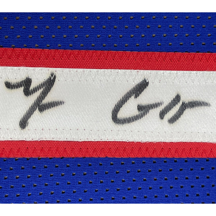 Framed Autographed/Signed Mario Chalmers 35x39 Kansas Blue College Basketball Jersey JSA COA