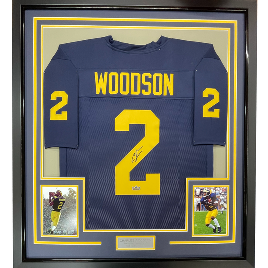 Framed Facsimile Autographed Charles Woodson 35x39 Michigan Blue Reprint Laser Auto College Football Jersey Size Men's XL