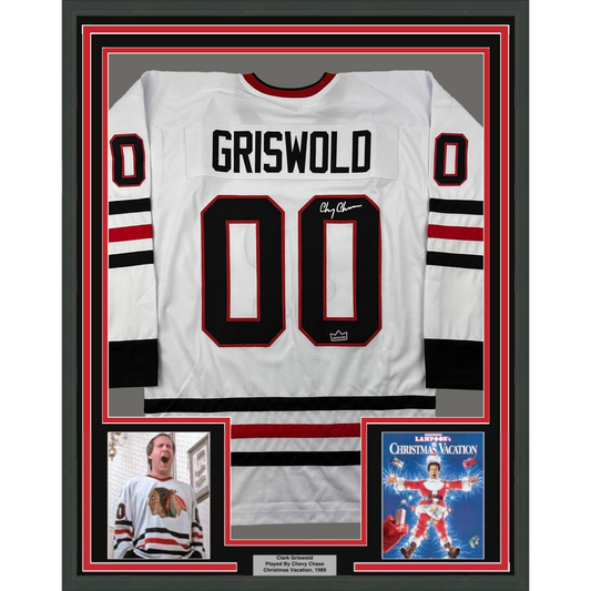 Framed Facsimile Autographed Chevy Chase Clark Griswold 35x39 Christmas Vacation Movie Chicago White Reprint Laser Auto Hockey Jersey
